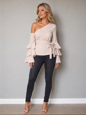 VENUS Blush One-Shoulder Ruffle Sleeve Wrap Top